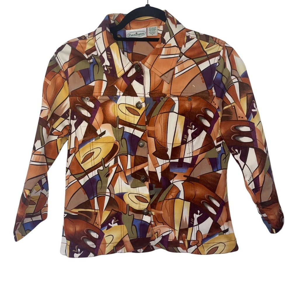 Patchington VTG Artsy Abstract Boho Festival Button Up Jean Jacket Style